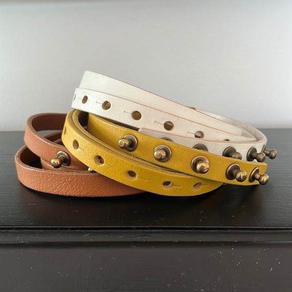 S/3 J. Crew Narrow Leather Belts Brown White Yellow